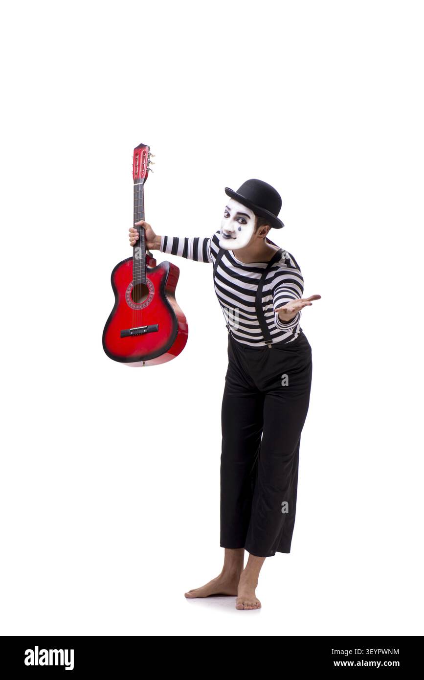 Mime playing guitar isolated on white Stock Photo