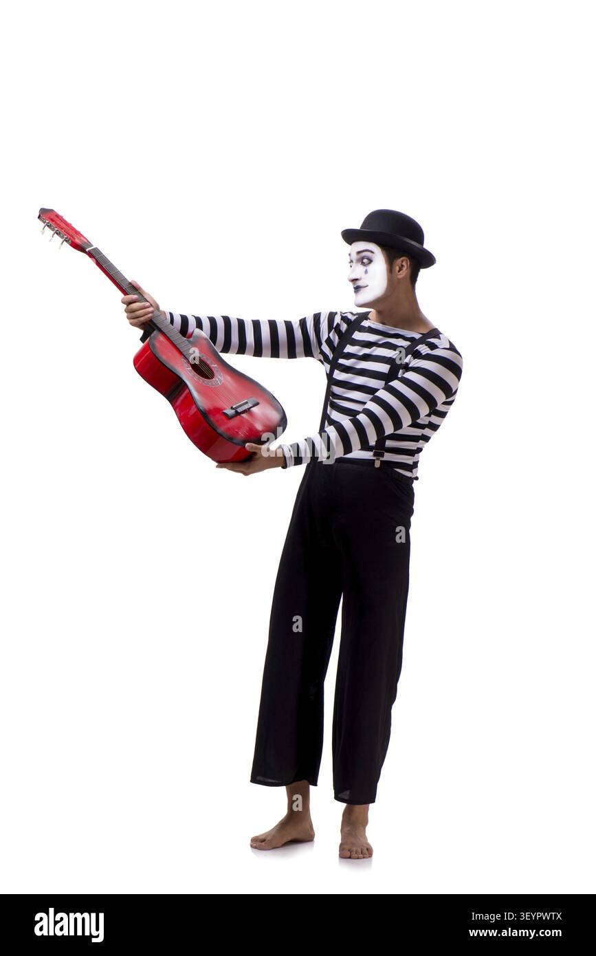 Mime playing guitar isolated on white Stock Photo