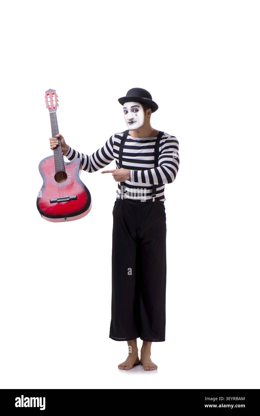 Mime playing guitar isolated on white Stock Photo