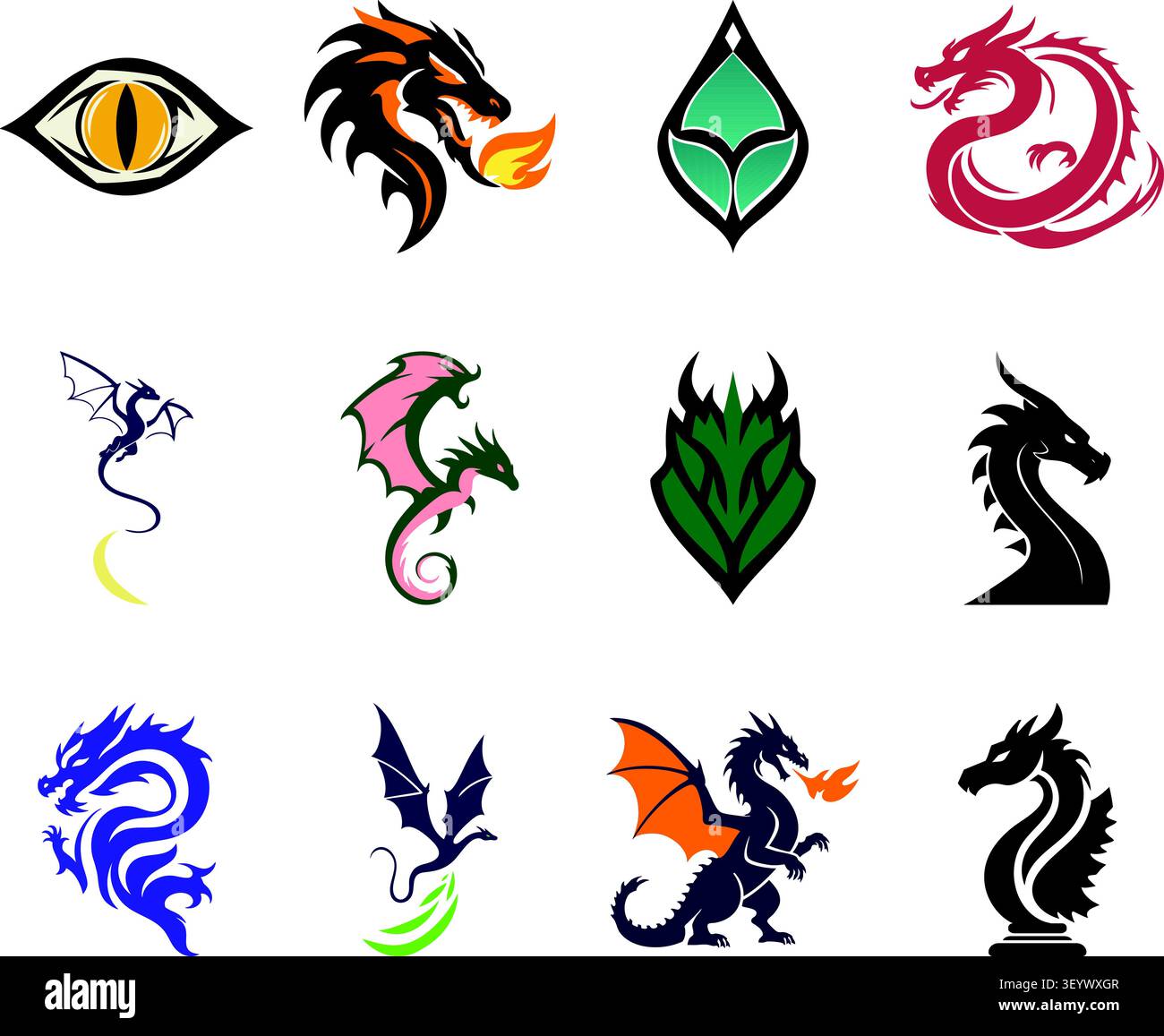 A dynamic illustration set featuring various dragon themed emblems and fantasy creature designs, including a dragon eye, fire breathing dragon head. Stock Vector