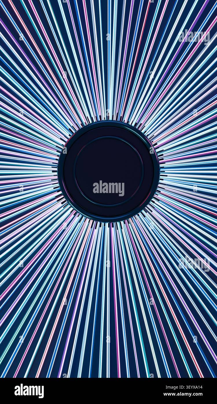 Futuristic neon starburst 3D tech background. Cyberpunk radiating light trails with central empty badge, mobile wallpaper. Stock Photo