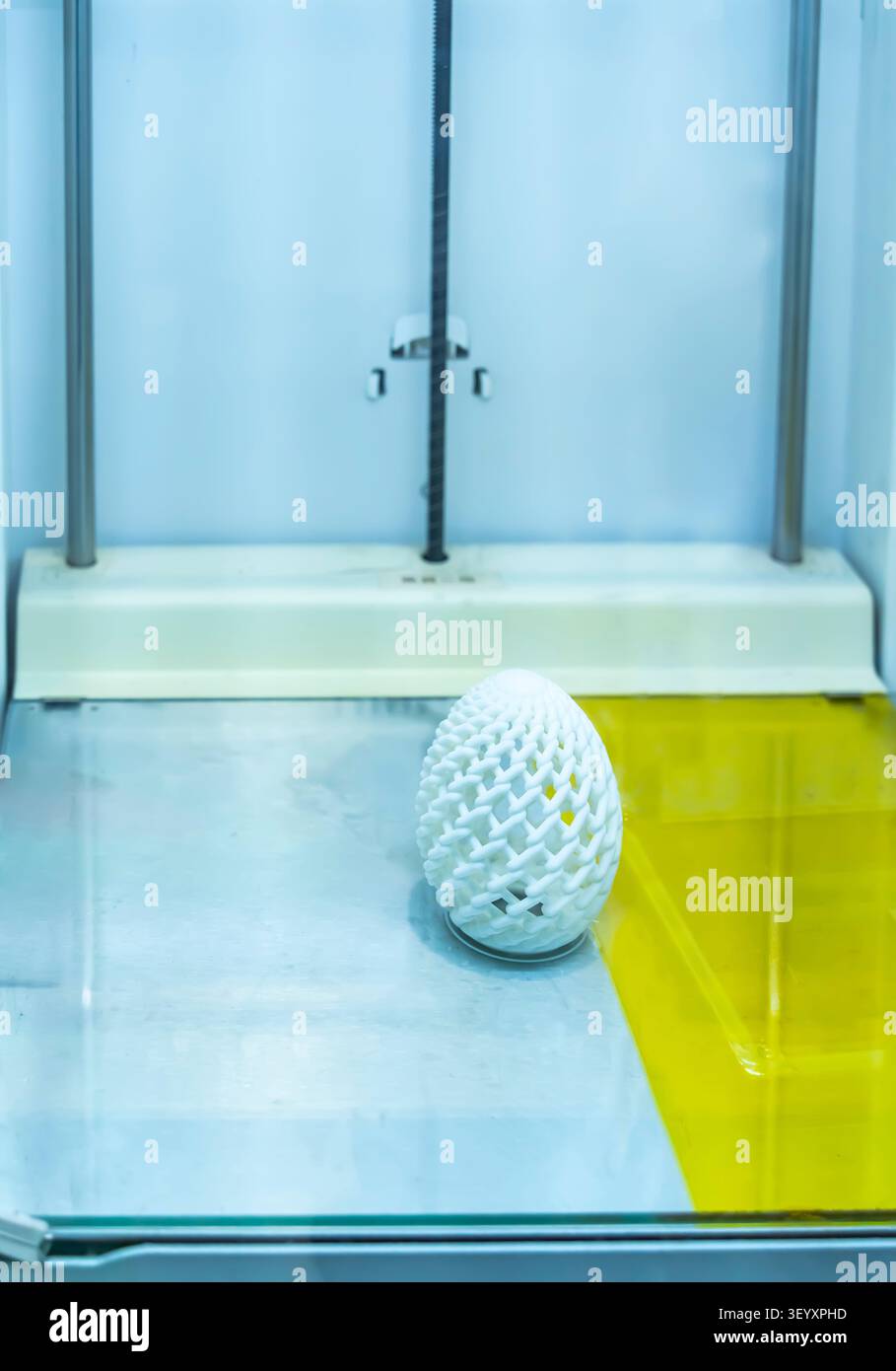 white plastic model of egg printed on a 3D printer Stock Photo