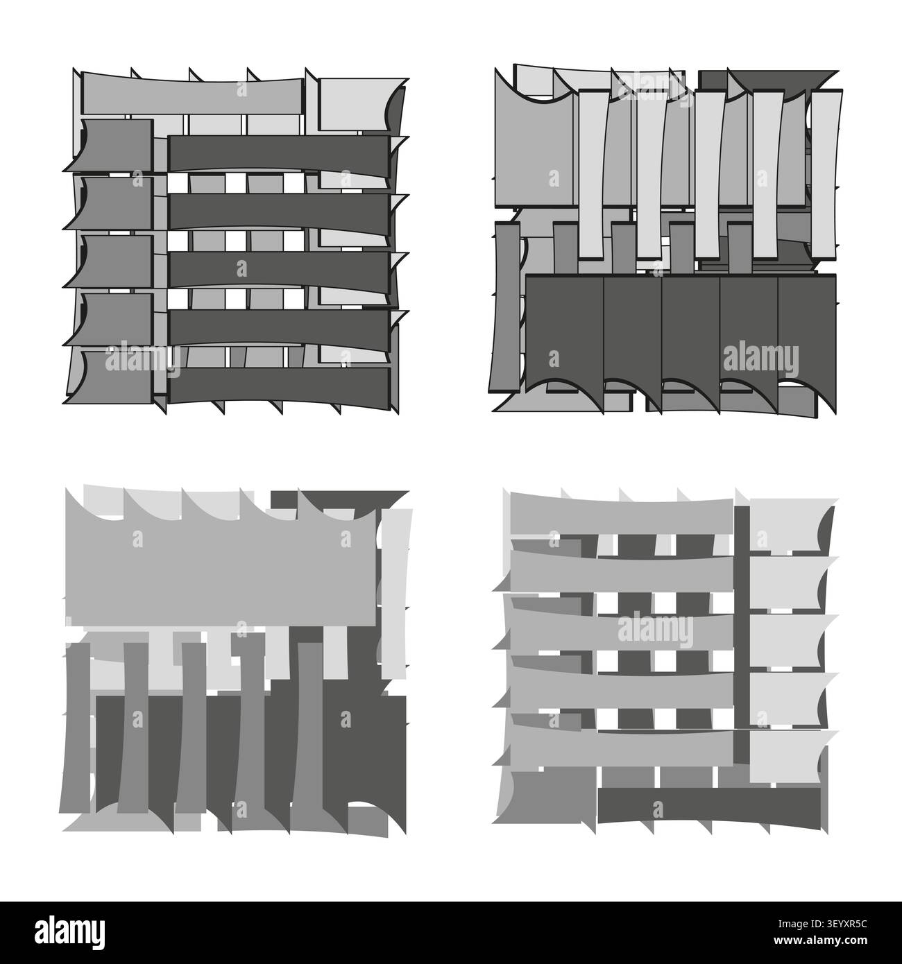 Architecture building facade feature grey vector set. This 3d geometric block represents simple modern structure layouts. eps 10 Stock Vector