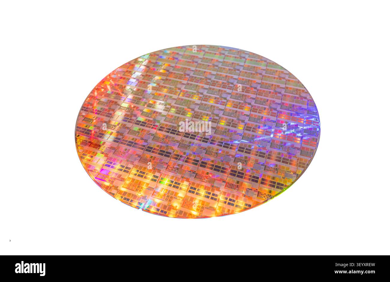 Silicon wafer with chips isolated on white background Stock Photo