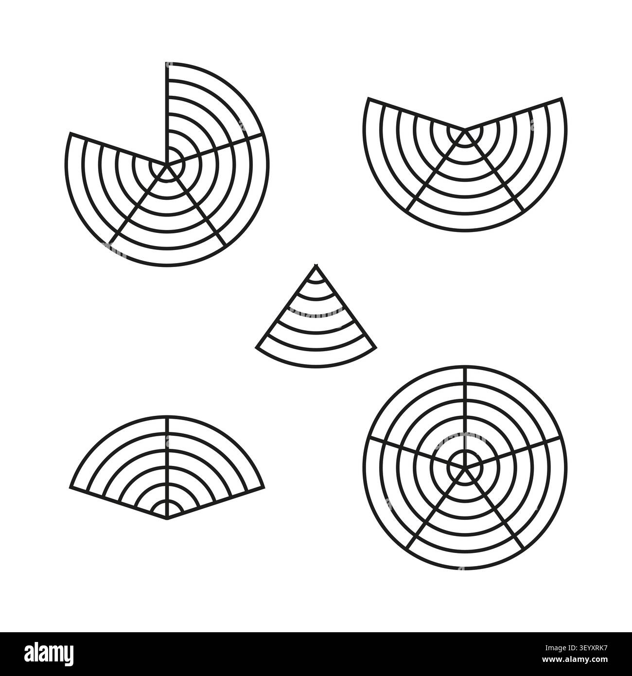 Concentric radar slice feature black vector set. This geometric target circle represents simple modern tech data networks. eps 10 Stock Vector