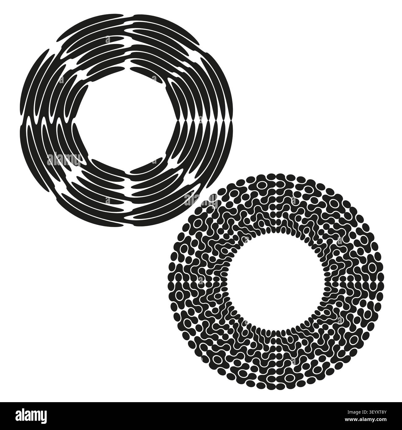 Concentric dotted circle mandala feature black vector set. This geometric spin rotation complements abstract tech backdrops. eps 10 Stock Vector