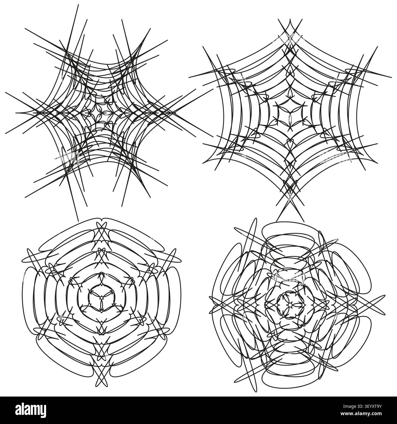 Spiderweb spirograph line mandala feature black vector set. This geometric geometry represents abstract pattern decorations. eps 10 Stock Vector