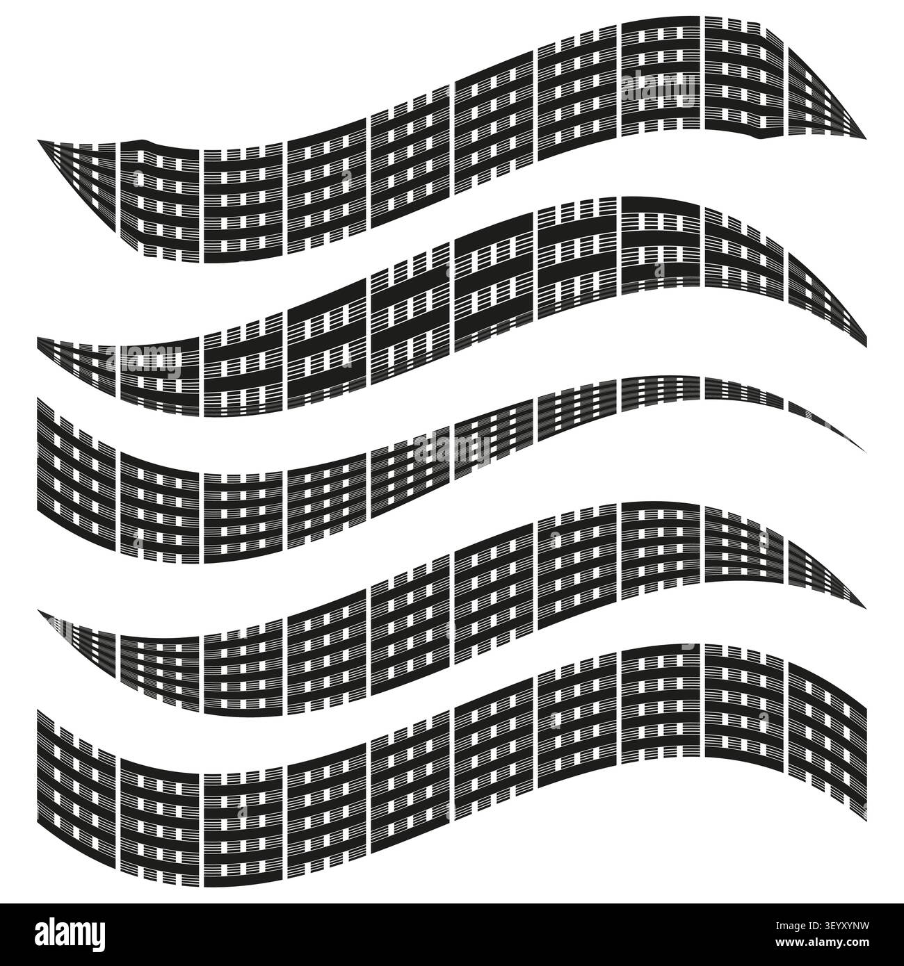 Wavy checkered ribbon flag feature black vector set. This geometric curve grid visualizes abstract optical illusion lines. eps 10 Stock Vector