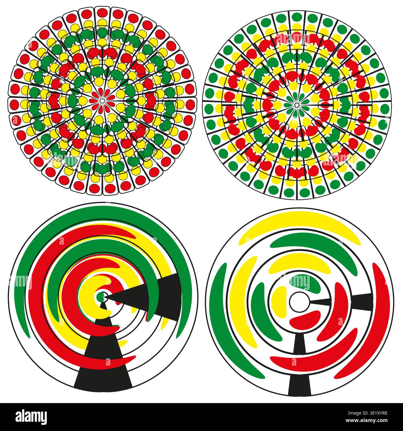 Circle radar target mandala feature colorful vector set. This geometric segmented rotation visualizes modern tech textures. eps 10 Stock Vector