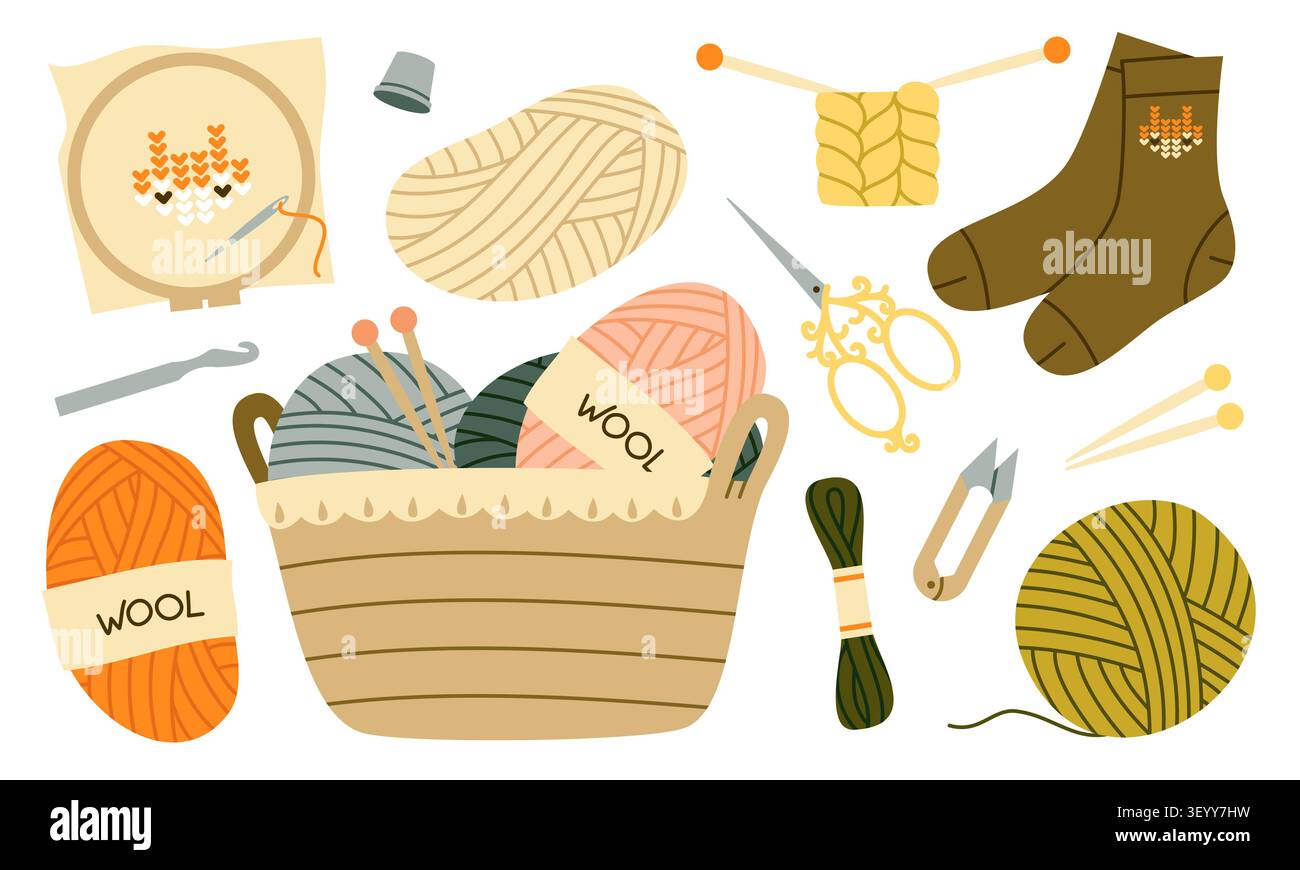 Knitting and embroidery cozy vector elements set Stock Vector