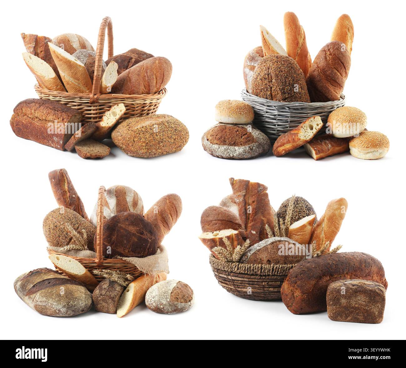 Bread in wicker baskets isolated on white, set Stock Photo