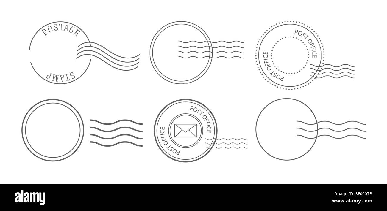 Different simple round postal stamp for envelopes. Set vector template pack isolated on white background. Minimalist design. Stock Vector