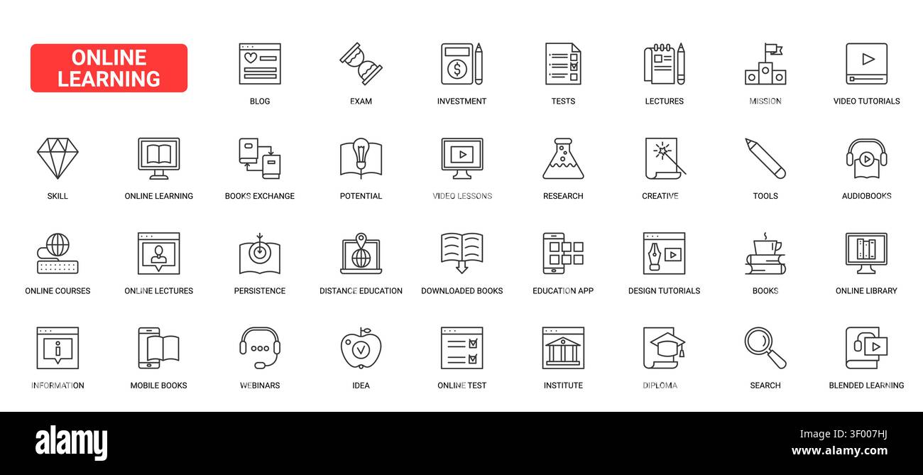 Online education symbols for e learning platforms, virtual classes, exams, webinars, tutorials and digital study resources black line icons set vector illustration Stock Vector
