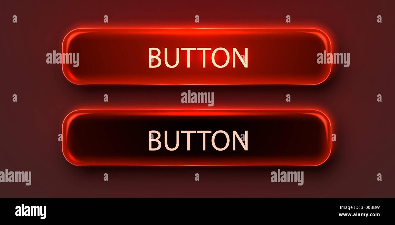 Glossy red glowing web buttons on dark background. UI element for website or application. Vector illustration Stock Vector