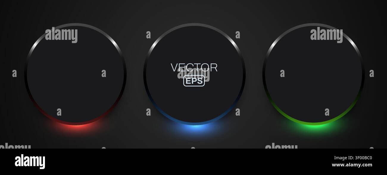 Abstract dark background with three glowing circles. Modern elements with neon light effect. Vector illustration Stock Vector