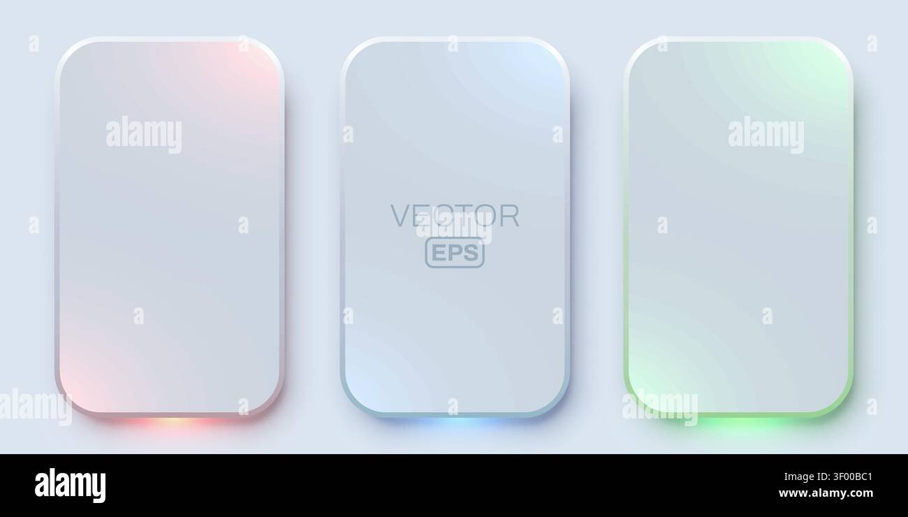 Glassmorphism UI elements with soft colorful glow. Modern frosted cards for interface design. Vector illustration Stock Vector