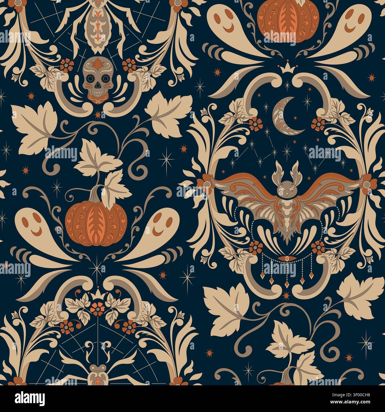 Gothic Halloween Damask Seamless Pattern with Pumpkins Bats and Skulls Stock Vector