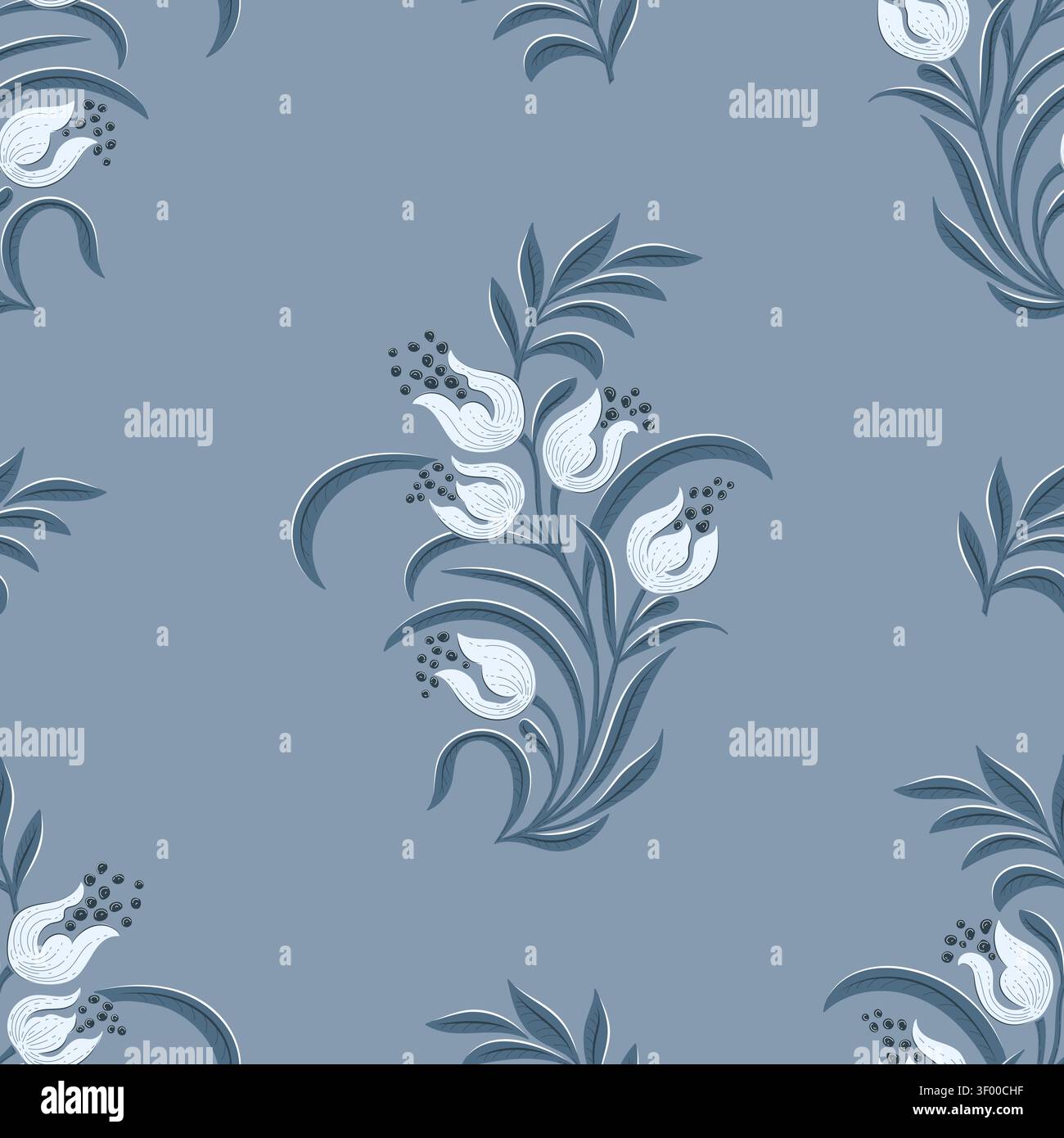Blue Botanical Seamless Pattern with Stylized Floral Sprigs Stock Vector