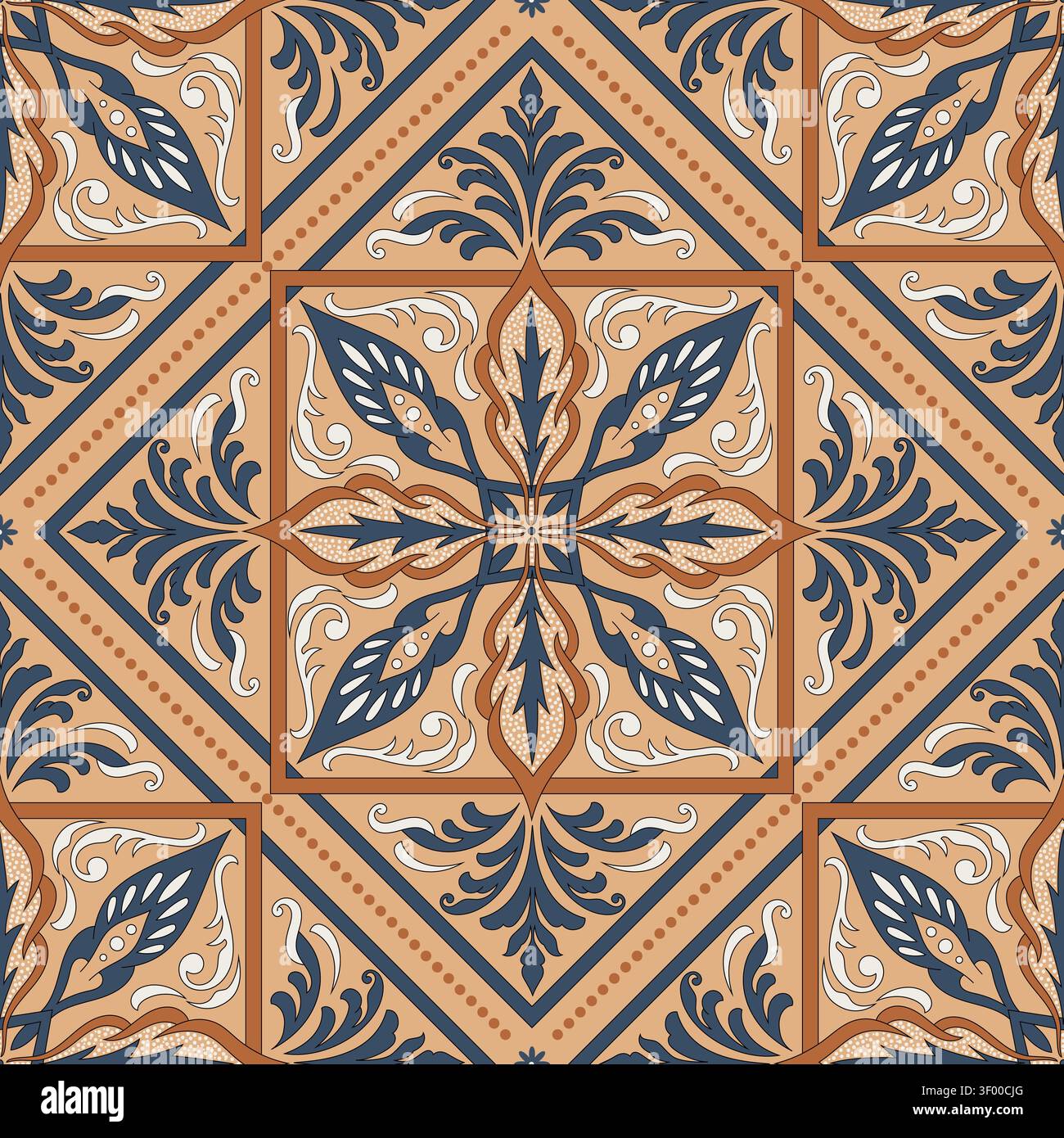 Terracotta and Navy Azulejo Tile Seamless Floral Pattern Stock Vector