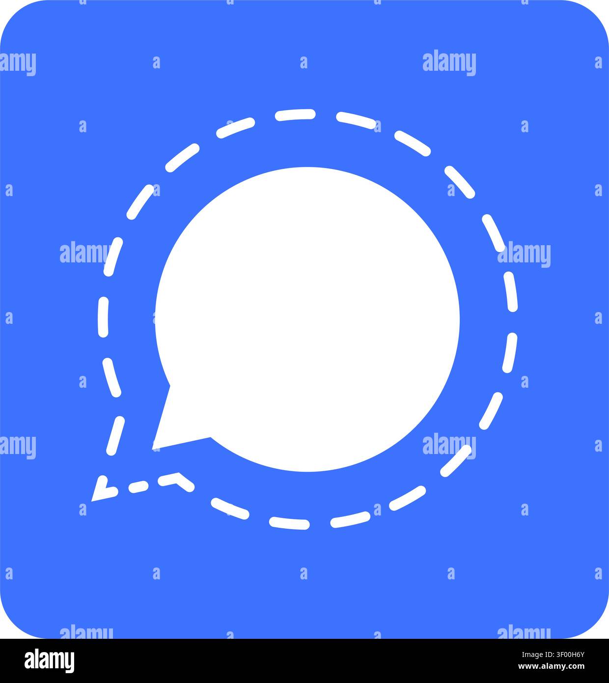 A clean and simple square vector icon featuring a white speech bubble inside a blue rounded box, accented by a subtle dashed circular line, perfect fo Stock Vector