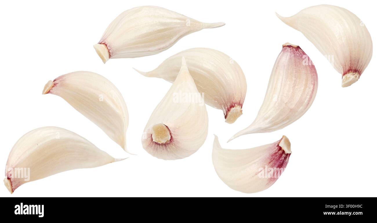 Falling garlic cloves isolated on white background Stock Photo