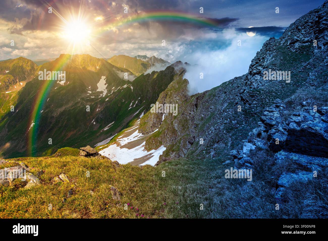 romania mountain landscape on summer solstice. day meet night. travel background of alpine scenery. sun and moon over fagaras mountain ridge. european Stock Photo