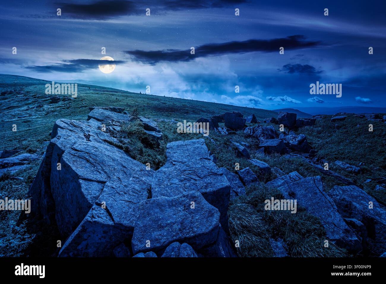 alpine grassy meadow at night. full moon over carpathian mountains landscape with huge boulders. alpine nature scenery of ukraine highlands in summer. Stock Photo