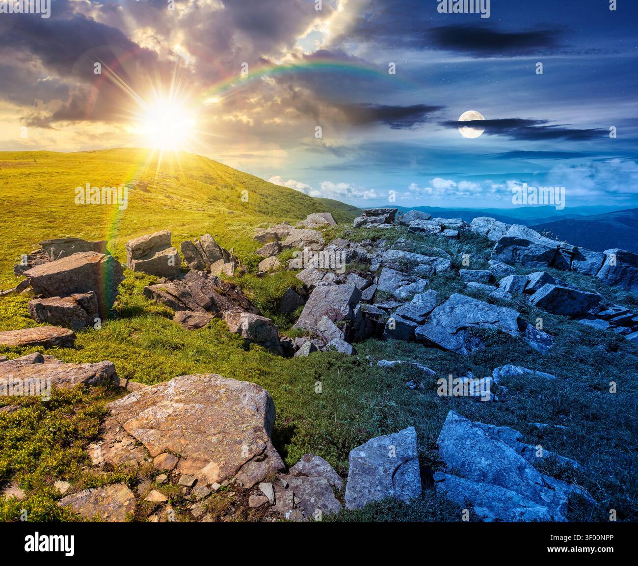 carpathian mountain landscape on summer solstice. amazing background for outdoor adventure at twilight. transcarpathia green hill with rocks. day and Stock Photo