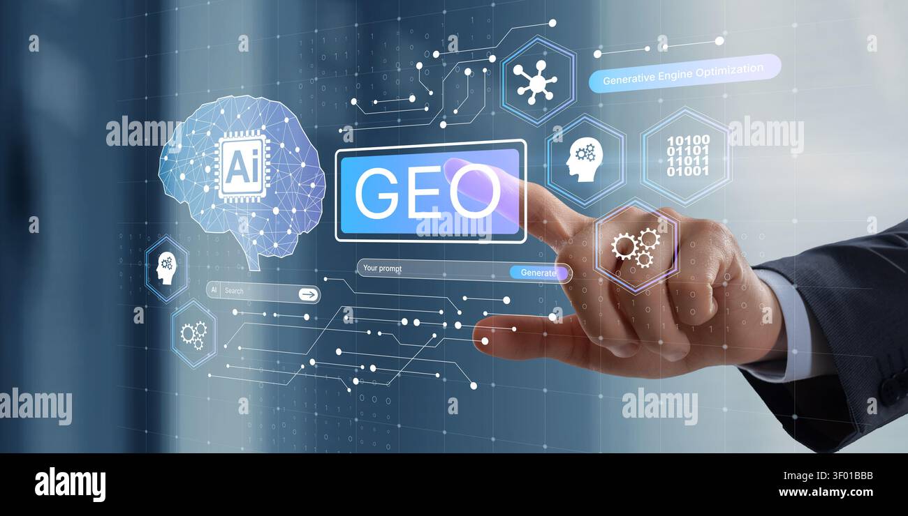 Generative engine optimization interface highlighting AI features and digital network elements for technology enhancement Stock Photo