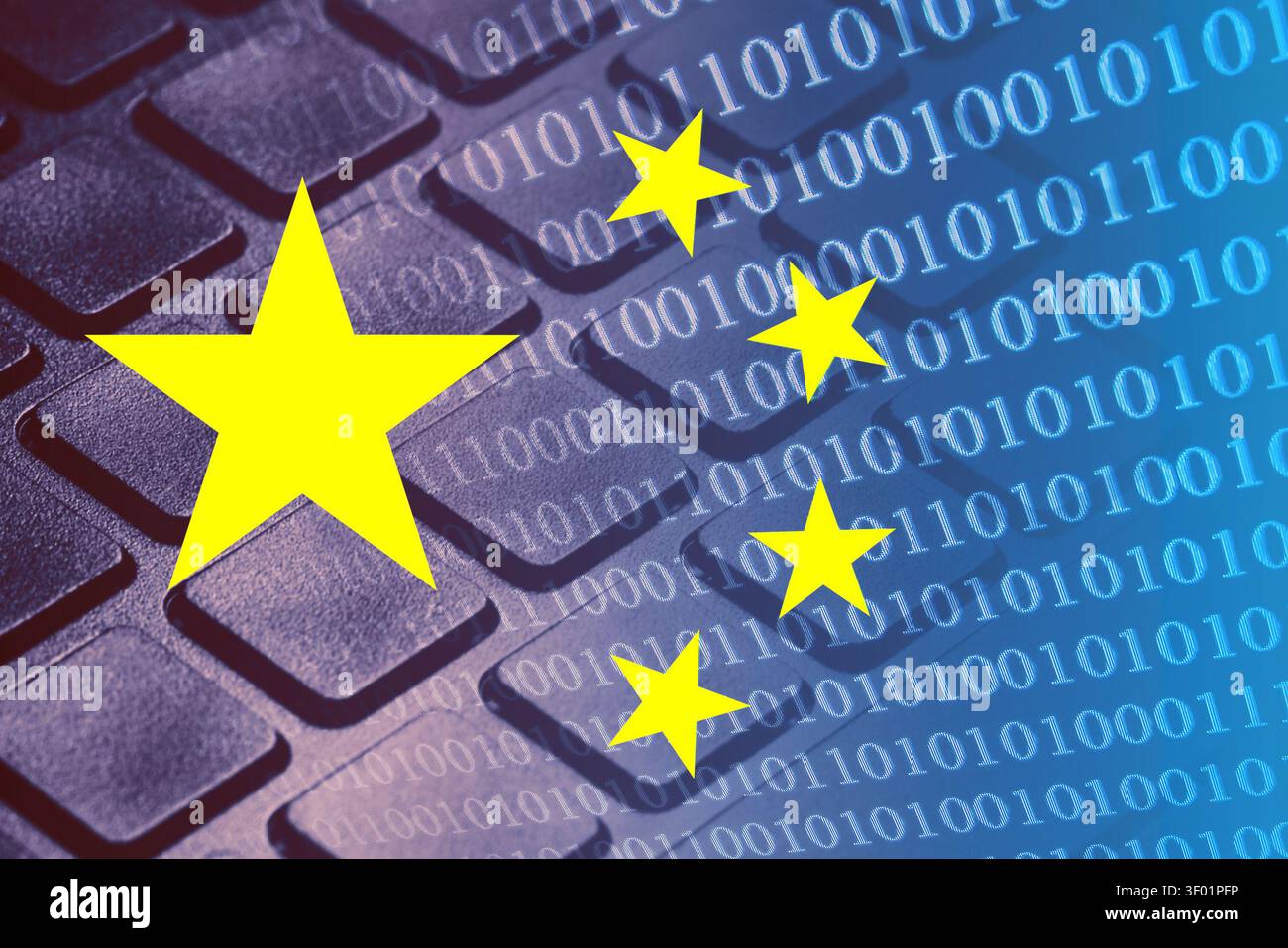 Chinese technology and electronics with flag stars and binary code. Digital background for cybersecurity data industry trade and innovation. Stock Photo