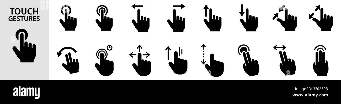 Set of solid vector icons representing various smartphone touch screen gestures, isolated on white background. Includes taps, swipes, pinches, and mul Stock Vector