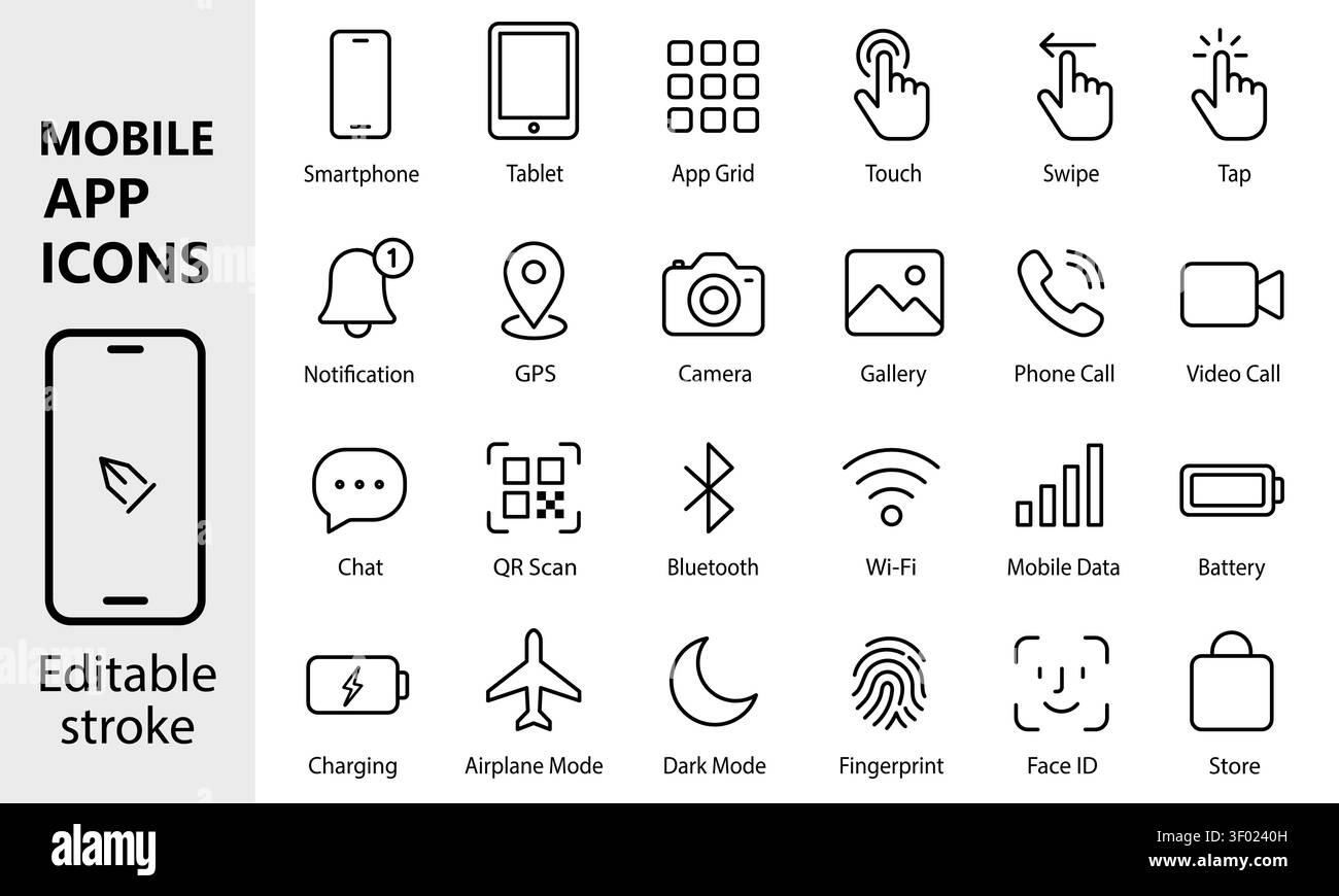 Comprehensive set of vector mobile app line icons with editable strokes, isolated on white background. Includes essential interface elements such as n Stock Vector