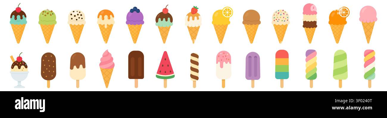 Large set of flat vector illustrations of various ice cream treats, isolated on white background. Includes assorted ice cream cones, popsicles, soft s Stock Vector