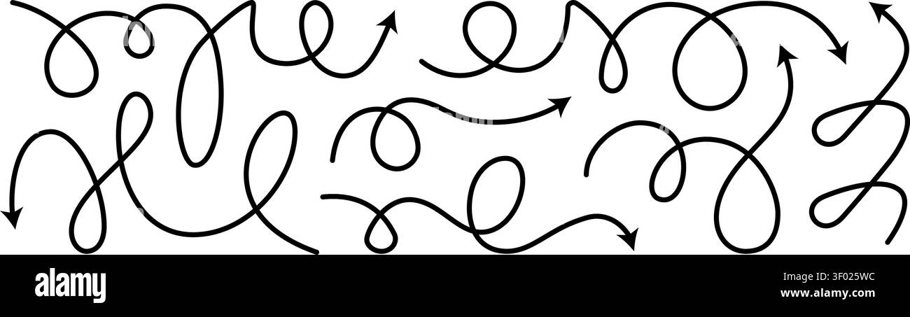 Dashed arrow squiggly vector line set. Curved shape doodle brush element. Complex plan, map path pattern. 3d up down direction scribble dynamic curly Stock Vector