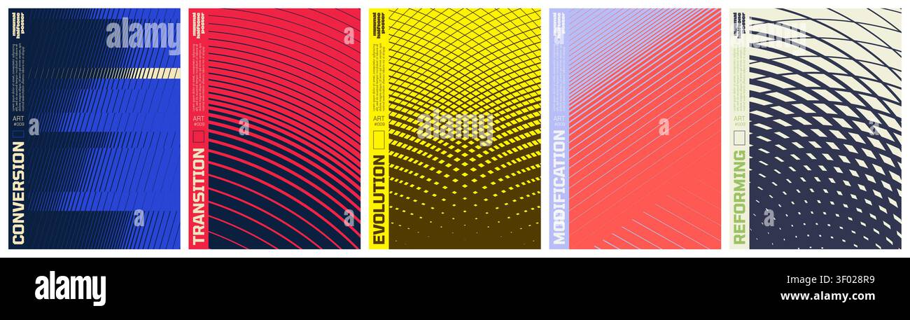 Abstract geometric vector poster set with halftone grid and optical illusion patterns, Shape distortion and linear gradients with transition effect, d Stock Vector