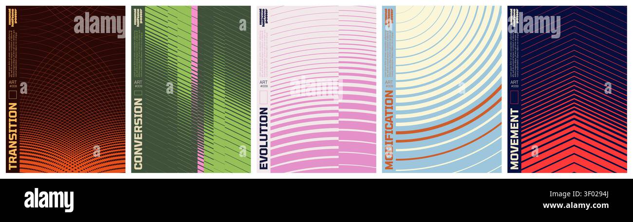 Abstract vector poster set with linear gradients and geometric distortion patterns, Minimalist halftone artwork visual transformation and dynamic moti Stock Vector