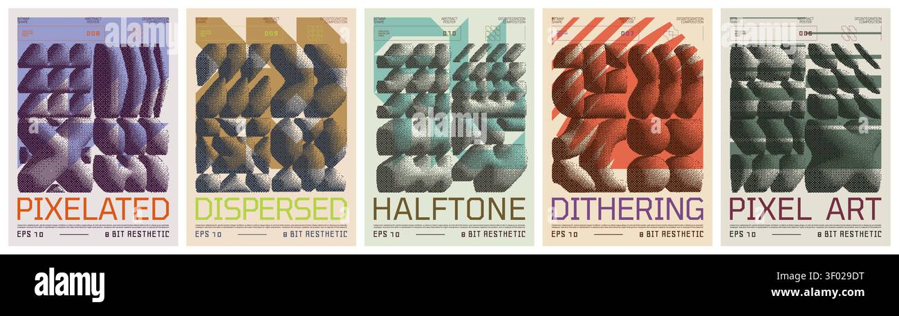 Composition of pixel gradation elements, 3d bitmap geometric shape pattern, vector halftone pixelated poster in A4 format, abstract ornament with dith Stock Vector