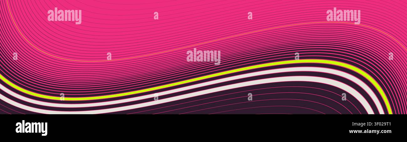 Dynamic synthwave fluid transition background with neon green wavy ribbon and pink striped linear gradient pattern for futuristic banner, brutal abstr Stock Vector