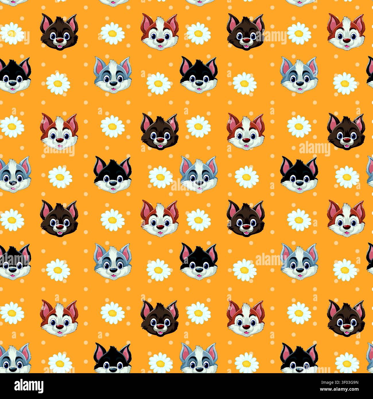 Seamless vector illustration with cute cat heads and daisies on an orange polka dot background. Stock Vector