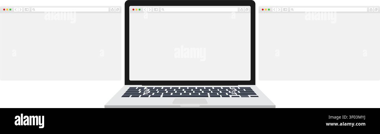 A clean vector illustration featuring an open laptop displaying a blank web browser alongside two extra floating windows. Stock Vector