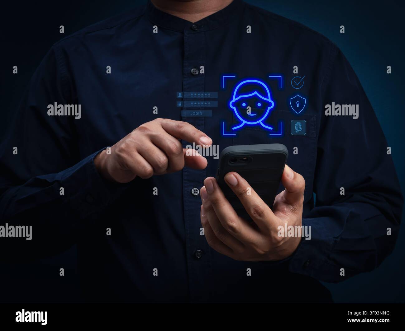 Digital identity verification concept featuring mobile face recognition and biometric authentication. Secure user access, eKYC verification, digital t Stock Photo