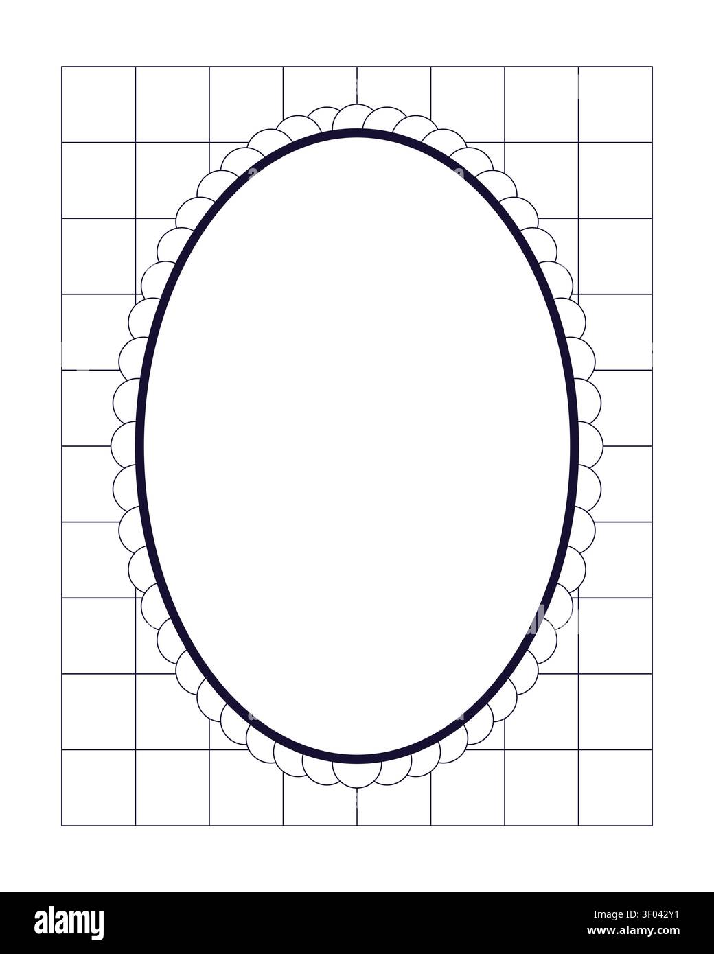 Oval scalloped grid black and white retro frame Stock Vector