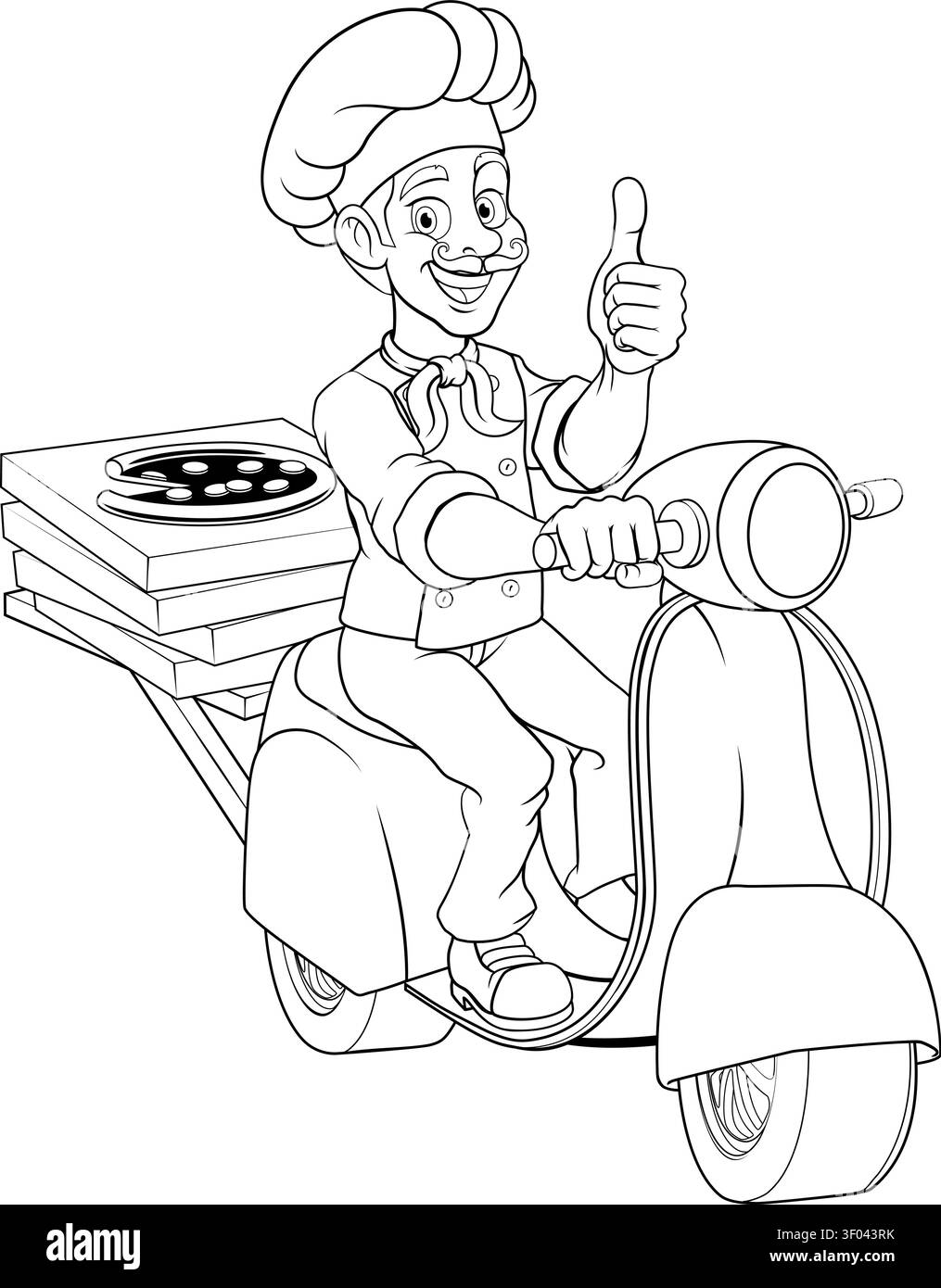 Pizza Delivery Chef on Scooter Line Art Stock Vector