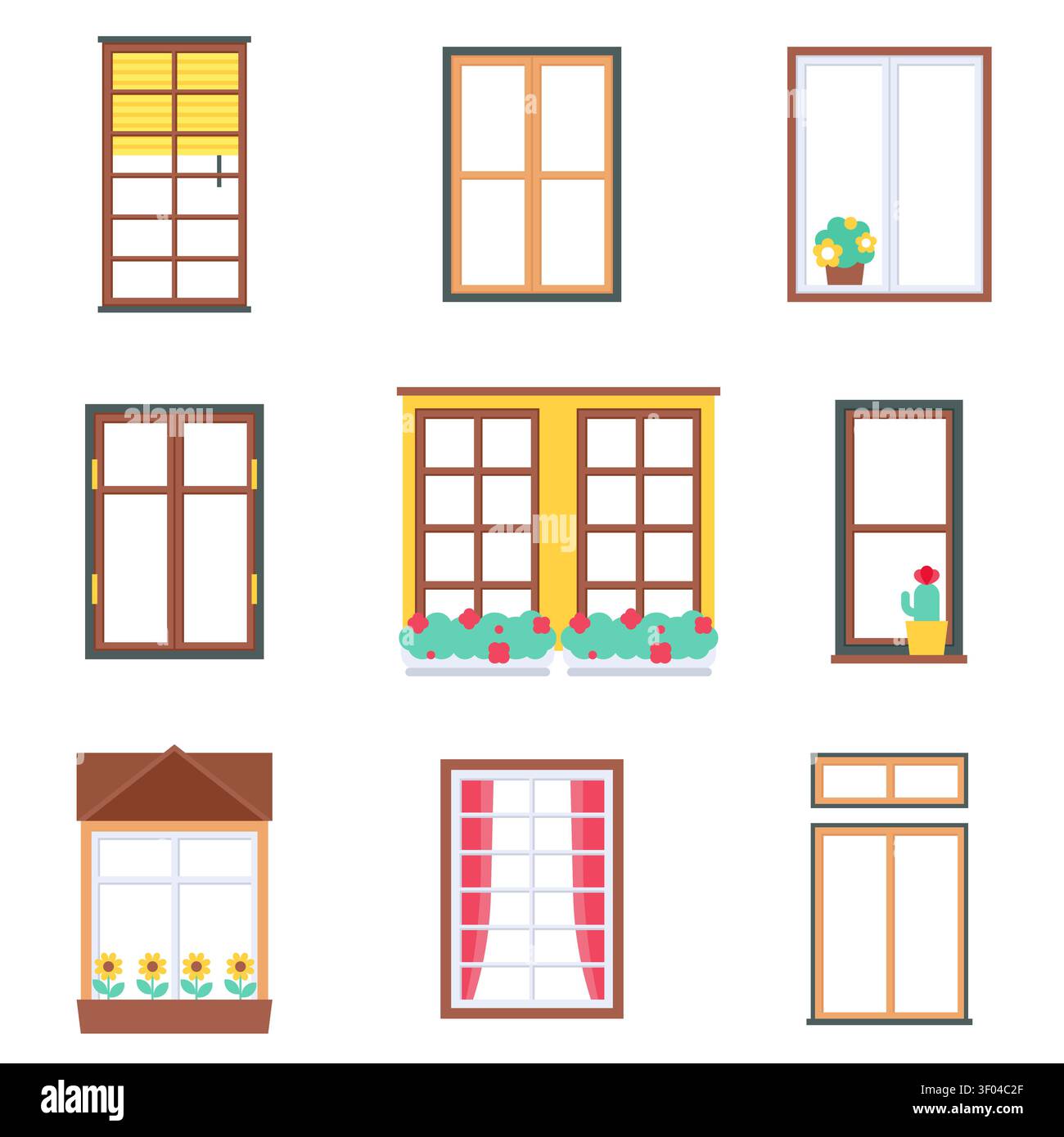 Wooden Window Set with Blinds Flower Boxes and Sliding Frames Vector Illustration Stock Vector