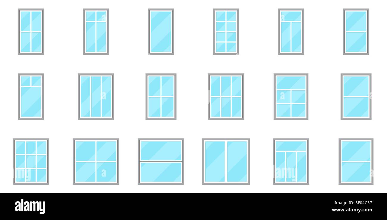 Modern Rectangular Window Styles Flat Vector Illustration Set Stock Vector