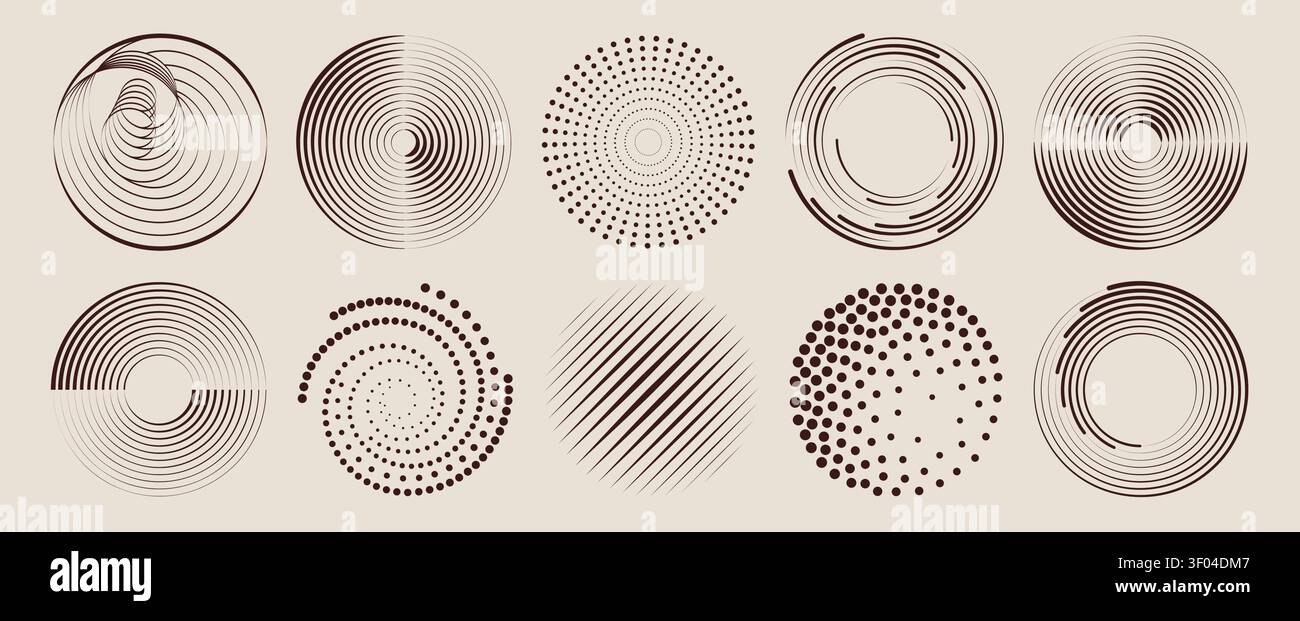 Abstract halftone circles set isolated on background. Vector realistic illustration of circular shapes with dot pattern and radial waves, modern geometric design, swirling lines and gradient effect Stock Vector