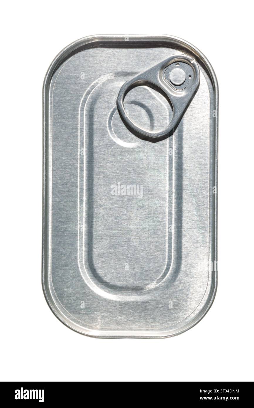 Top view of an empty rectangular metal tin can with a pull ring pull tab, isolated on a white background. Stock Photo