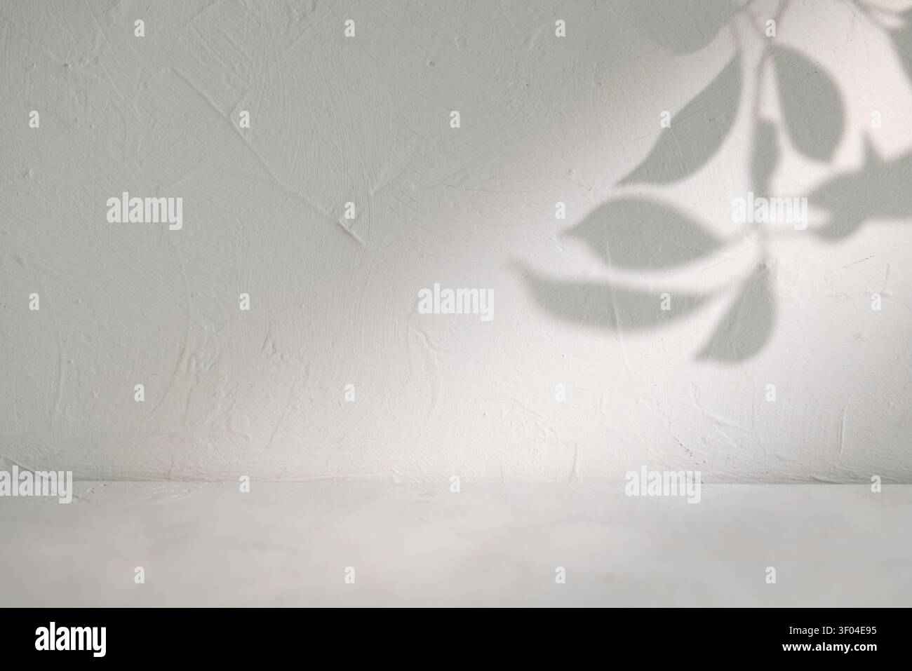 Leaf shadow on old plaster wall above empty surface for natural minimal mockup scene.. Stock Photo