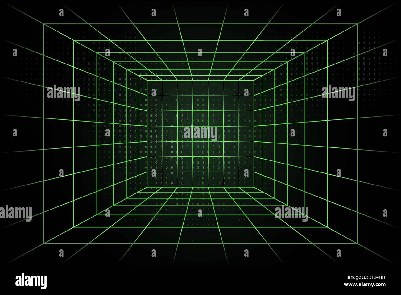 Matrix inspired wireframe room with digital binary code creating a futuristic perspective technology background for cybersecurity and artificial intel Stock Vector