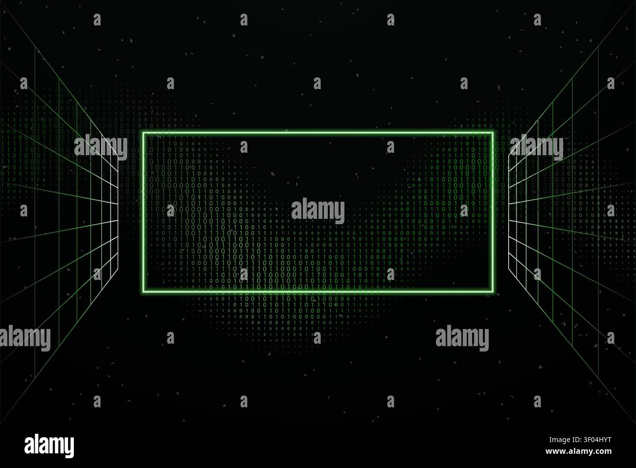 Matrix inspired glowing rectangle with digital binary code and wireframe perspective creating a futuristic technology background with horizontal copy Stock Vector